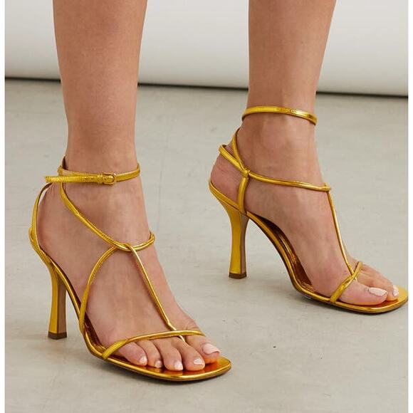 BOTTEGA VENETA The Line Laminated Calfskin 90mm Barely There Ankle Strap Sandals - Picture 1 of 14